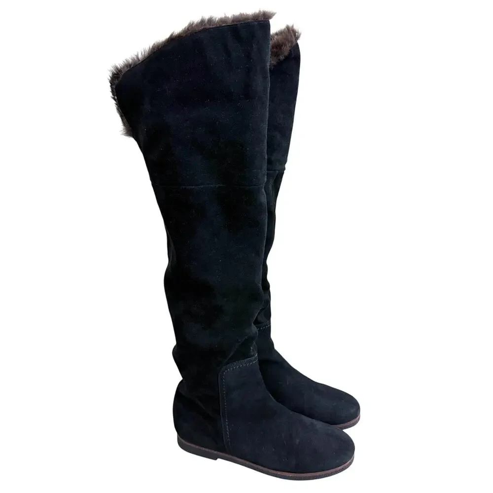 Sam Edelman Black Suede Over the Knee Boots w Fur Trim Women's Size 8 Pull On